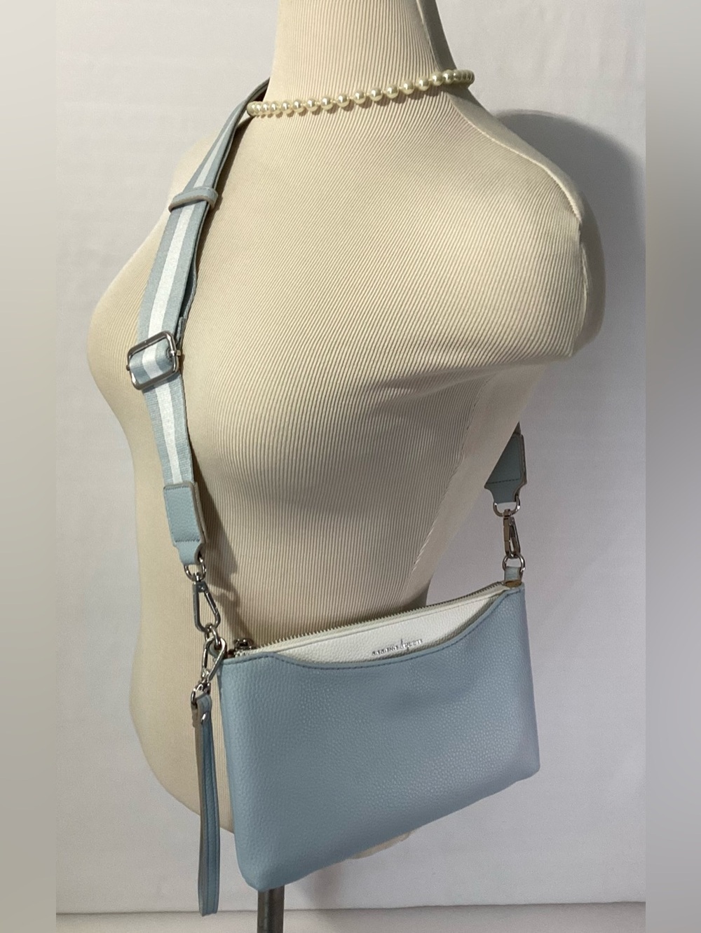 Nanette Lepore Light Blue and White Crossbody with Striped Adjustable Strap